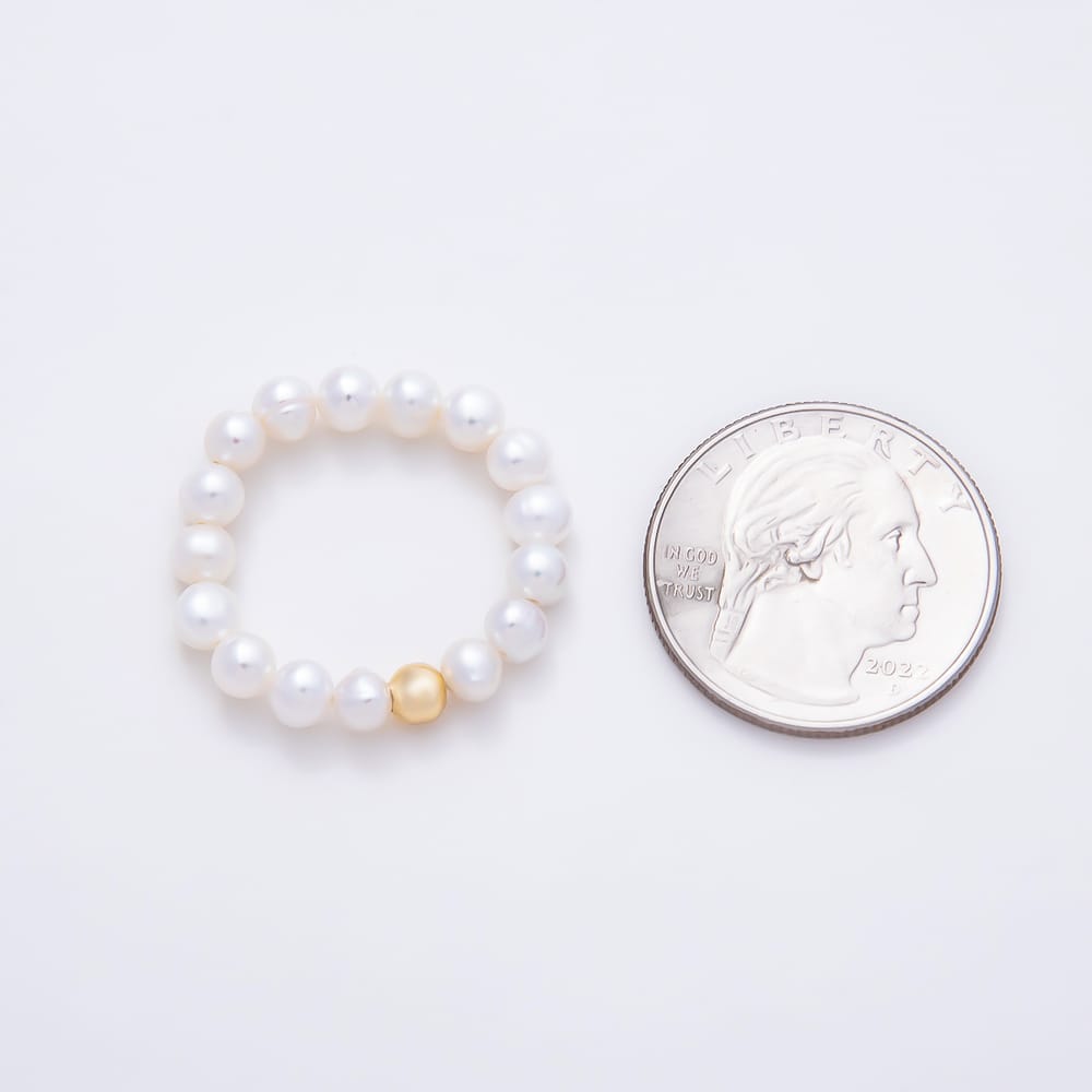 16K Gold Filled White Shell Pearl Round Bead Adjustable Stretch Ring | Rings-00422