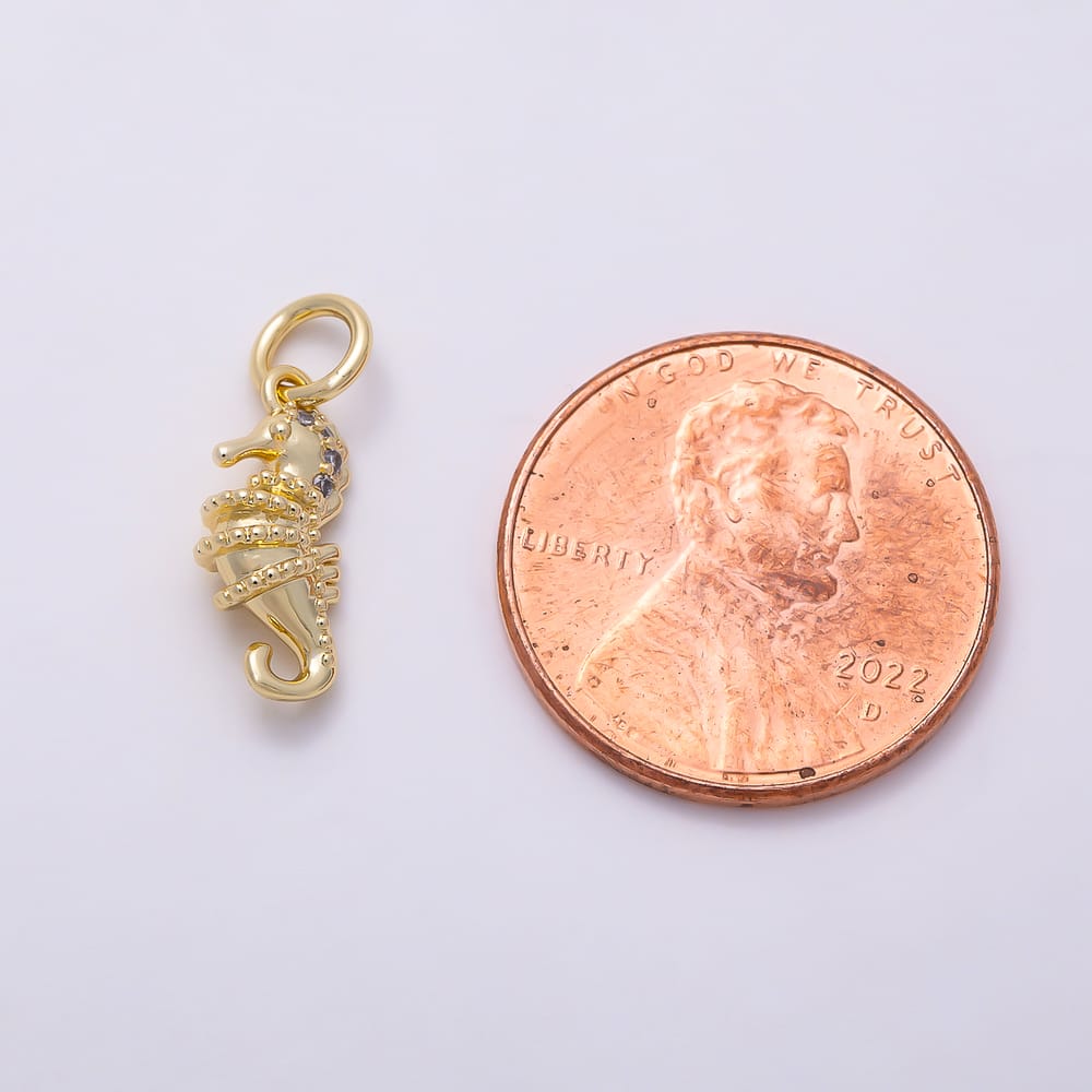 16K Gold Filled 14mm Clear CZ Seahorse Ocean Animal Mini Chubby 3D Multidimensional Charm | Charms-02193
