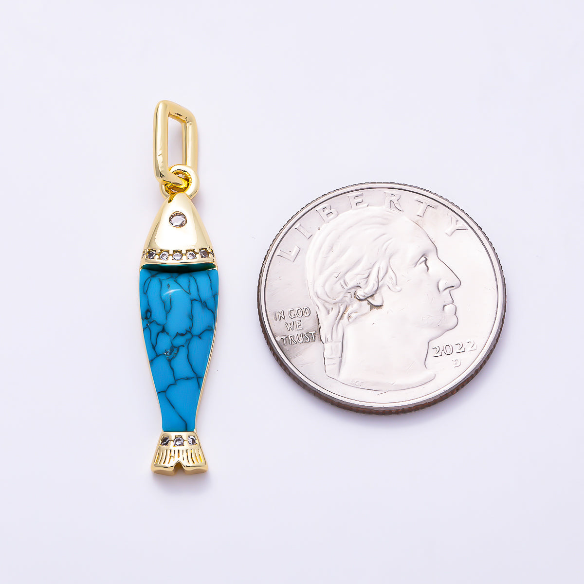 16K Gold Filled 32mm Clear CZ Turquoise and White Quartz Natural Gemstone Ocean Fish Pendant | Charms-02072 - Charms-02073