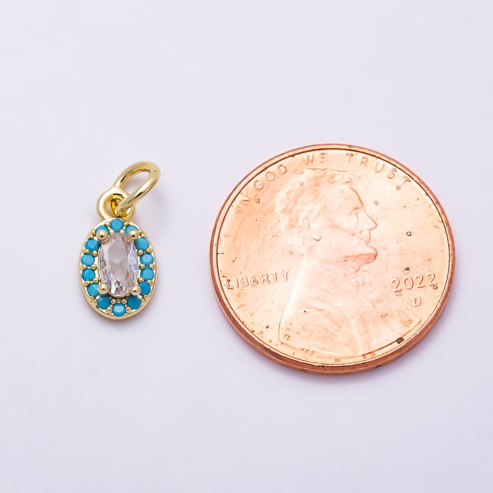 16K Gold Filled 11mm Oval Clear CZ Turquoise Beaded Halo Charm | Charms-02172