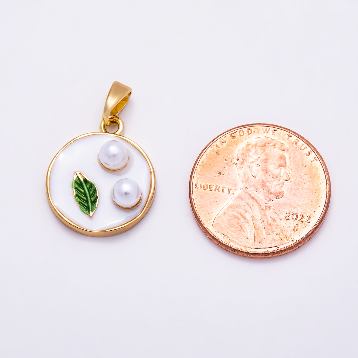 16K Gold Filled 17mm Double Shell Pearl Green Leaf White Enamel Pendant | Charms-01888