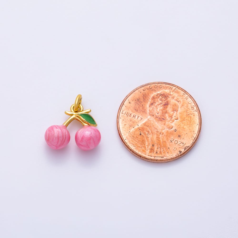 16K Gold Filled 12mm Pink Glitter Enamel Cherry Fruit 3D Multidimensional Mini Charm | Charms-02455