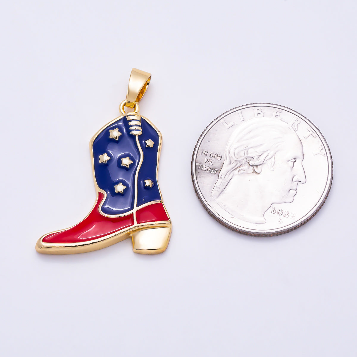 16K Gold Filled 28mm Red Blue Enamel July Fourth Western Cowboy Boot Pendant | Charms-02021