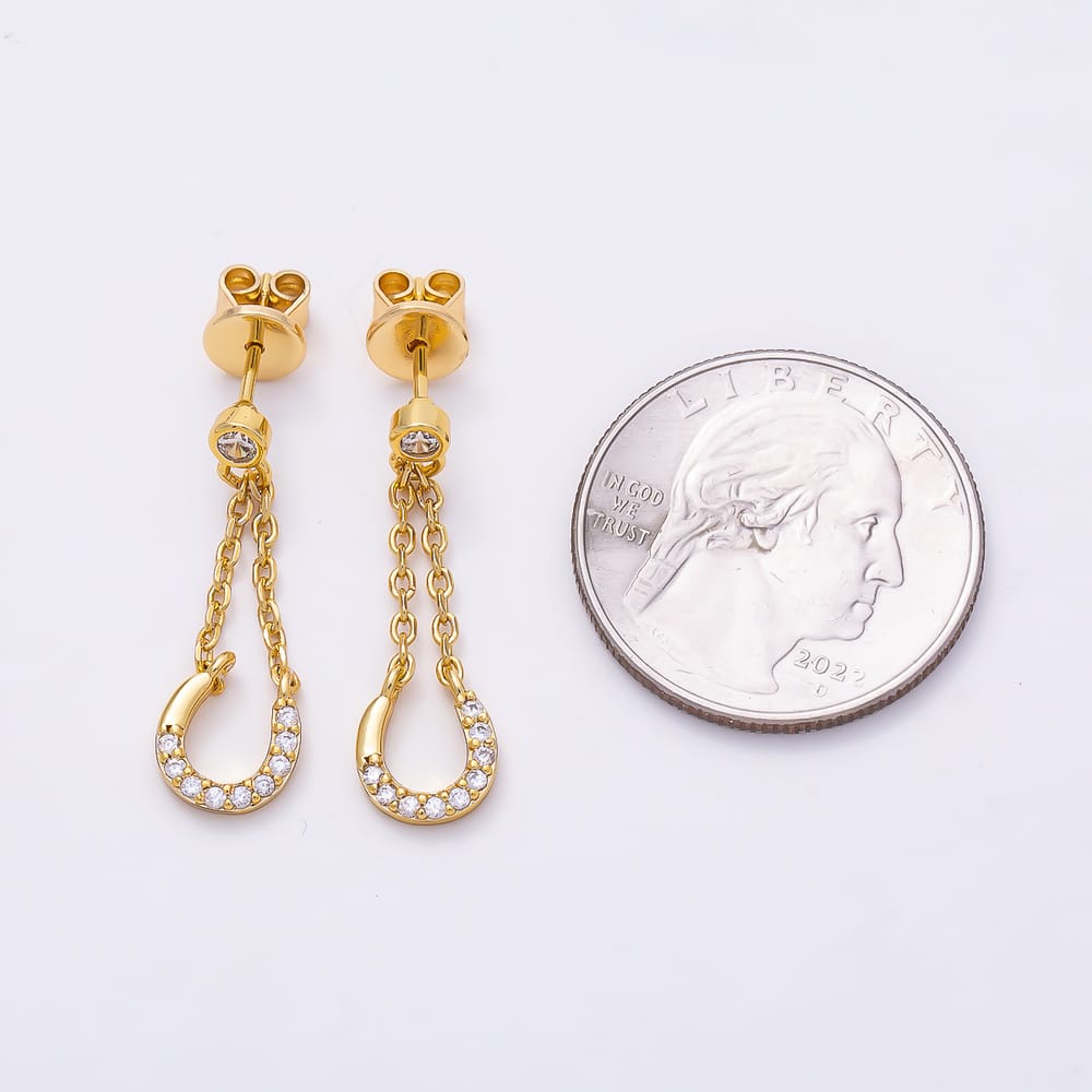16K Gold Filled 25mm Lucky Horseshoe Micro Paved CZ Round Chain Drop Stud Dangle Stud Earrings | Earrings-01179