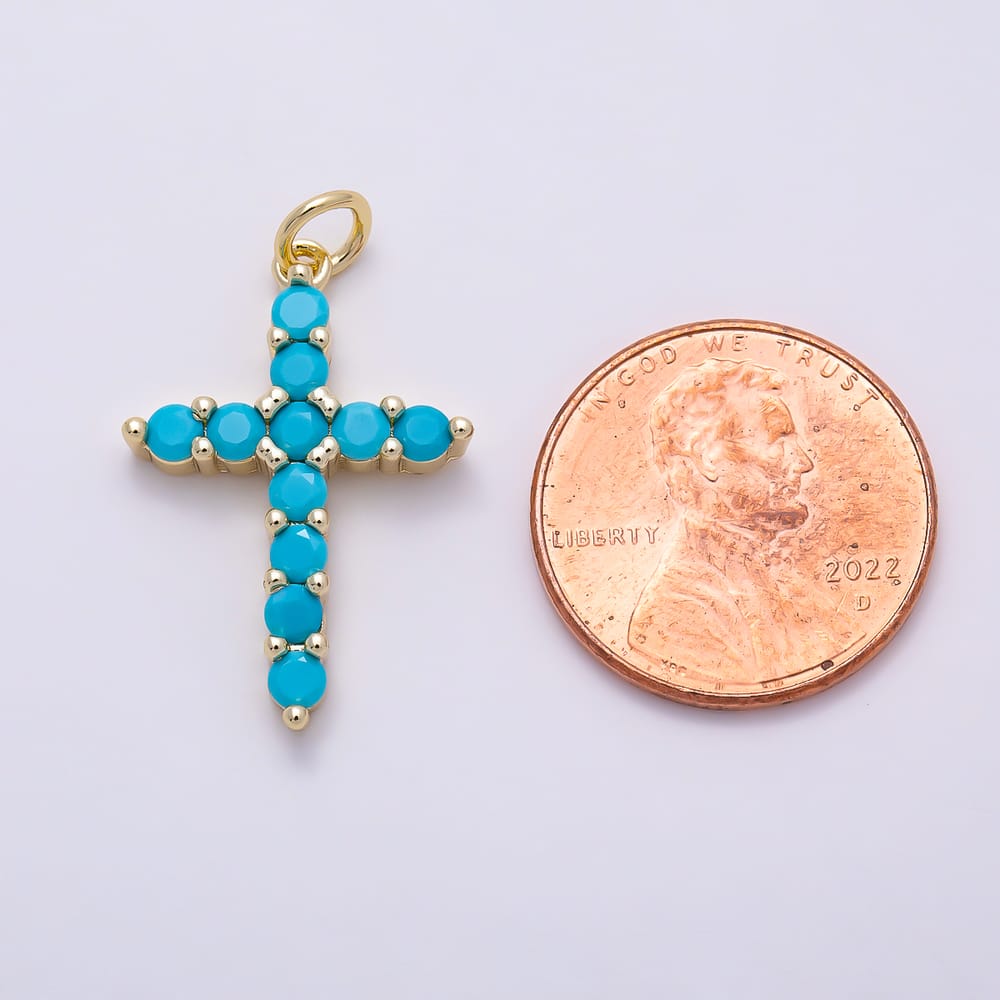 16K Gold Filled 24mm Blue Turquoise CZ Beaded Cabochon Cross Religious Charm | Charms-02121 - Charms-02122
