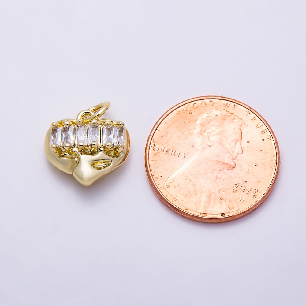 16K Gold Filled 12mm Clear Baguette CZ Molten Chubby Heart Charm | Charms-02201
