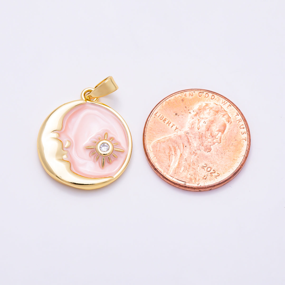 16K Gold Filled 22mm Pink Enamel Celestial Crescent Moon & North Star CZ Charm | Charms-01884