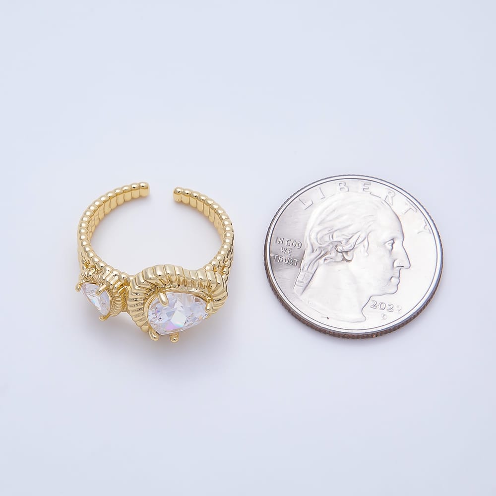 16K Gold Filled Clear CZ Ribbed Textured Double Heart Open Adjustable Ring | Rings-00417
