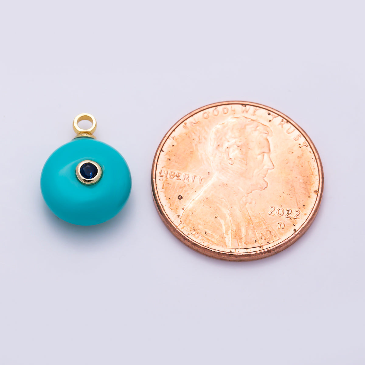 16K Gold Filled 13.5mm CZ Embedded Blue Apatite Gemstone Round Charm | Charms-01456