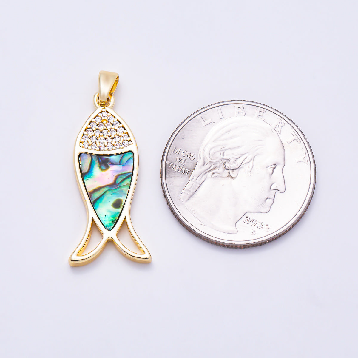 16K Gold Filled 28mm Shell Pearl, Abalone Micro Paved CZ Fish Pendant | Charms-02019 Charms-02020 