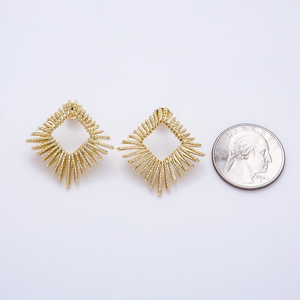 16K Gold Filled 29mm Sunburst Geometric Rhombus Ribbed Open Stud Earrings| Earrings-00897