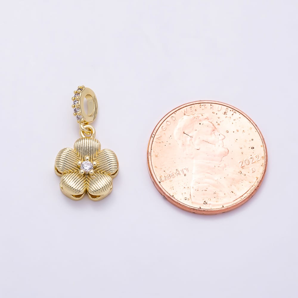 16K Gold Filled 12mm Slider Micro Paved CZ Textured 5-Petal Flower Charm | Charms-02209 - Charms-02210