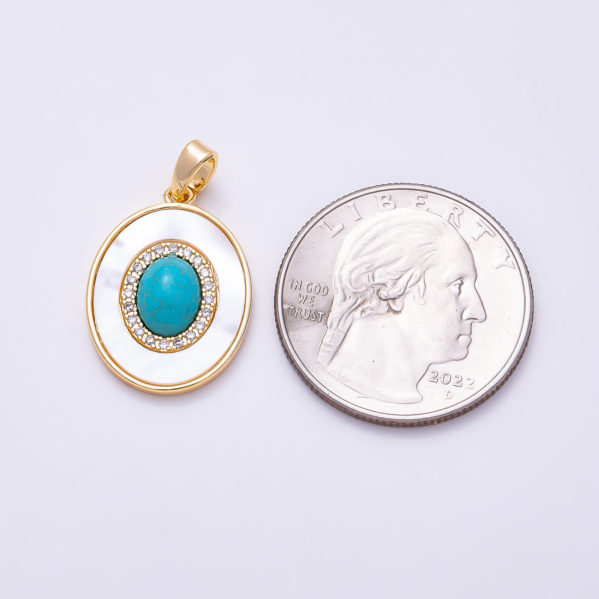 16K Gold Filled 20mm Tiger Eye, Turquoise Shell Pearl Micro Paved CZ Cabochon Gemstone Oval Pendant | Charms-01584