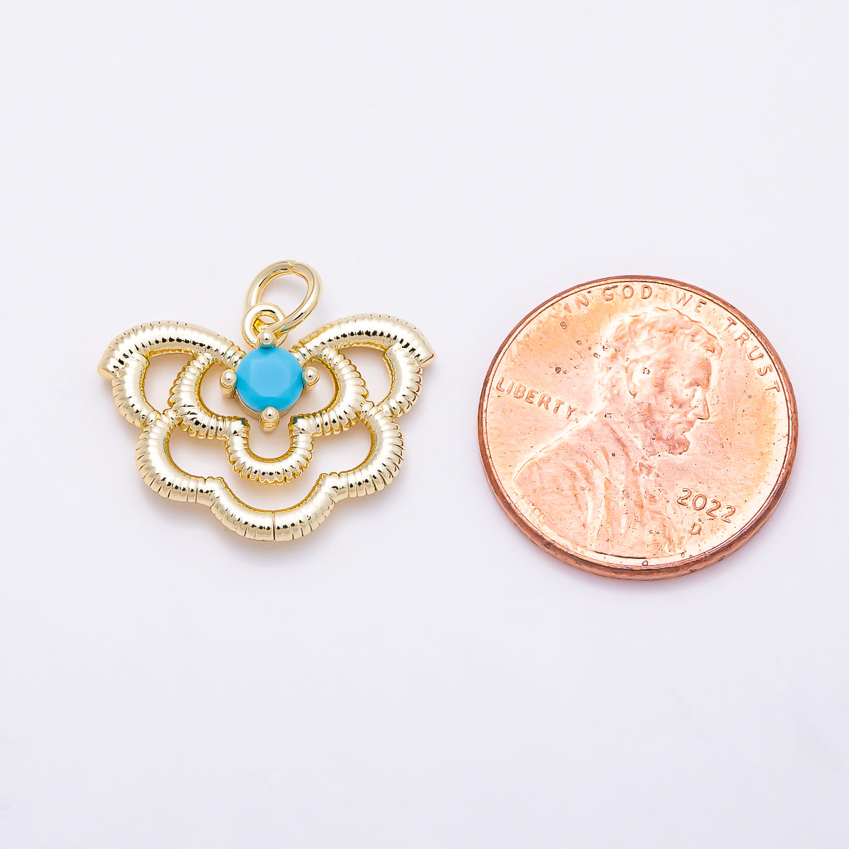 16K Gold Filled 20mm Turquoise Solitaire CZ Textured Butterfly Mariposa Animal Charm | Charms-01851 - Charms-01852