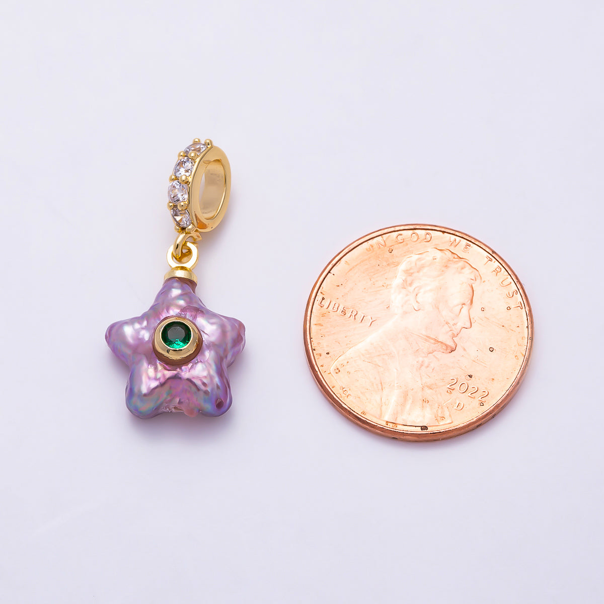 18K Gold Filled 17mm White, Purple Freshwater Pearl Celestial Star Micro Paved CZ Drop Rondelle Pendant | Charms-01589 Charms-01590