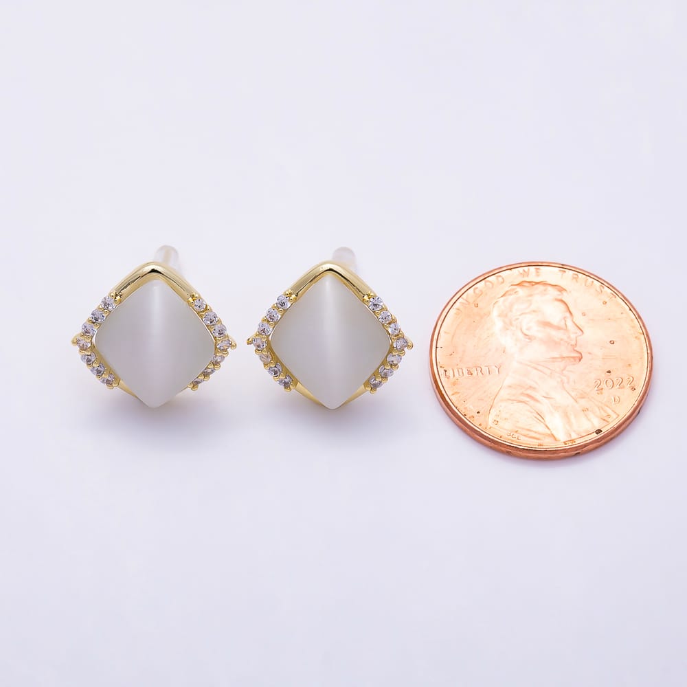 16K Gold Filled 16mm Clear CZ & White Opal Geometric Diamond Shape Stud Earrings | Earrings-01021 - Earrings-01022