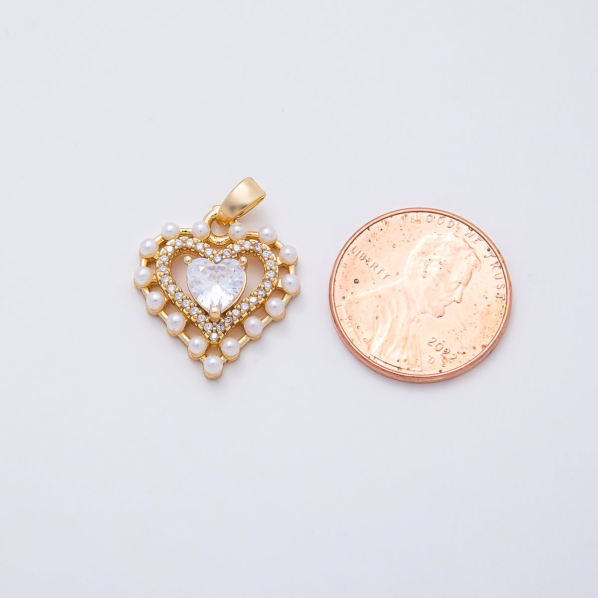 16K Gold Filled 19mm Shell Pearl Clear CZ Micro Paved Open Heart Pendant | Charms-01054