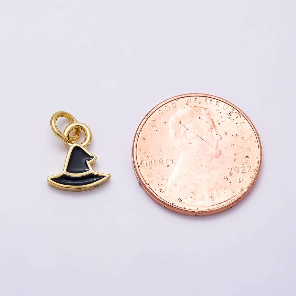 16K Gold Filled 10mm Black Enamel Witch Hat Mini Charm | Charms-02032