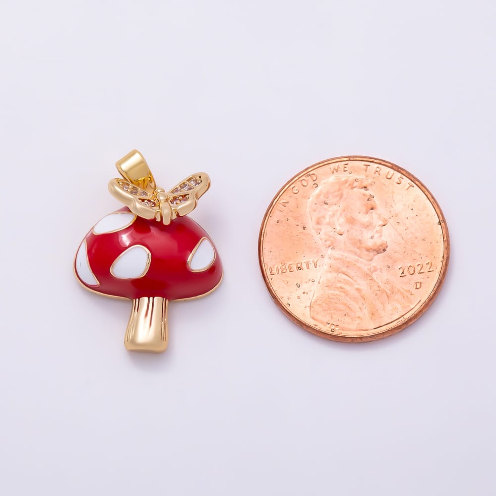 16K Gold Filled 17mm Micro Paved CZ Butterfly Red Enamel Mushroom Vegetable Pendant | Charms-02326