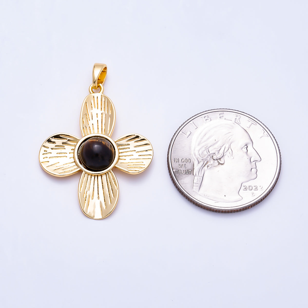 16K Gold Filled 31mm Turquoise, Tiger Eye, Shell Pearl Cabochon Line-Textured Flower Pendant | Charms-01562 ~ Charms-01564