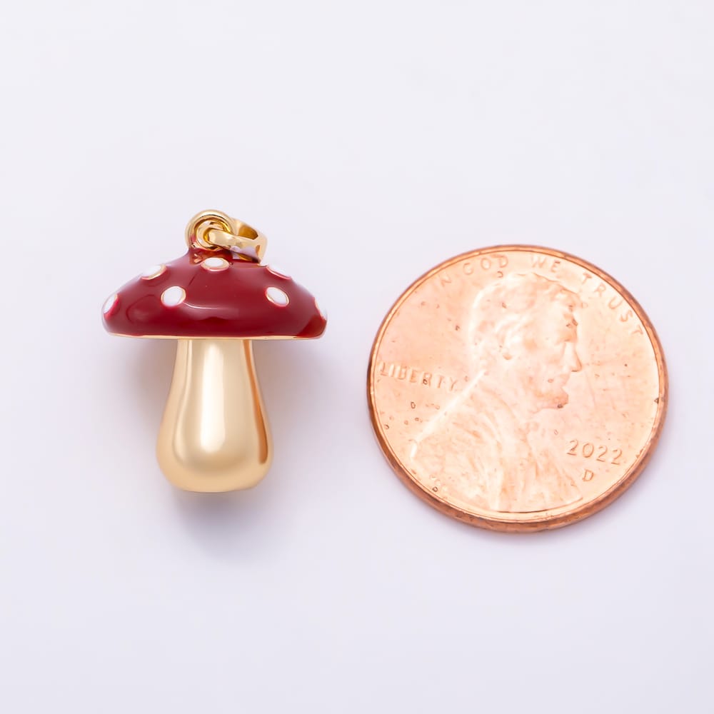 16K Gold Filled 17mm White Dotted Red Enamel Mushroom Vegetable Pendant | Charms-02322