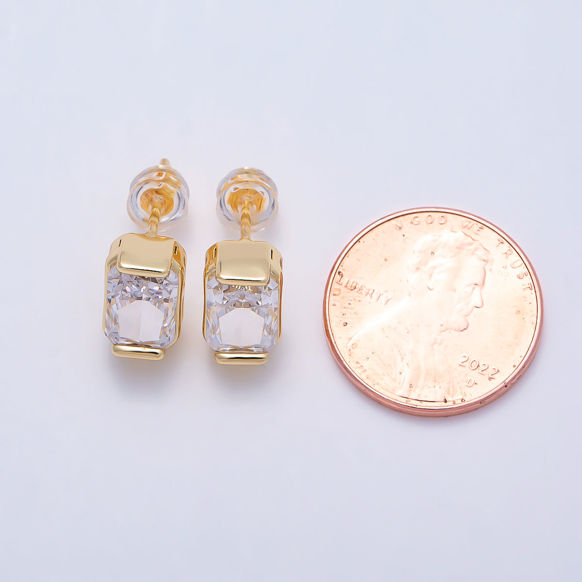 16K Gold Filled 9.5mm Clear CZ Baguette Lined Stud Earrings in Gold & Silver | Earrings-00757 Earrings-00758