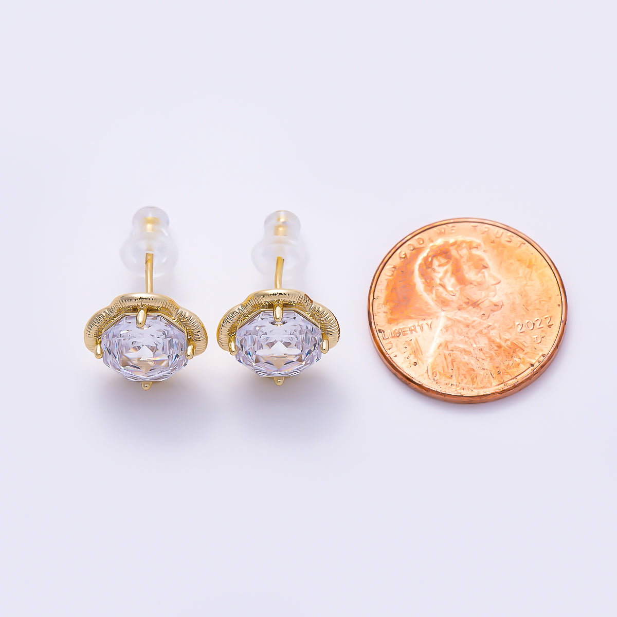 16K Gold Filled 11.5mm Clear CZ Hexagon Ribbed Flower Stud in Gold & Silver | Earrings-00767 Earrings-00768