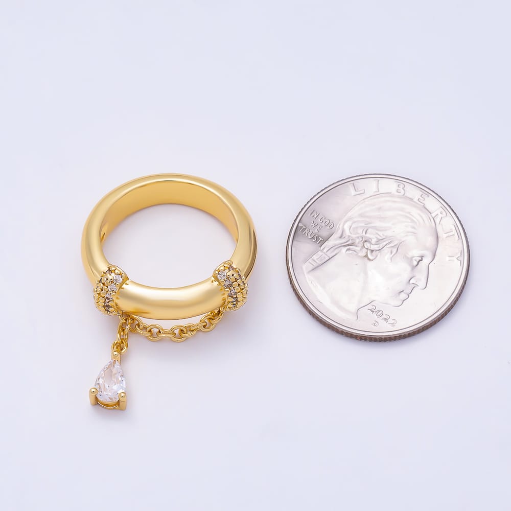 16K Gold Filled Clear Teardrop Charm Double Micro Paved CZ Chain Ring | Rings-00426