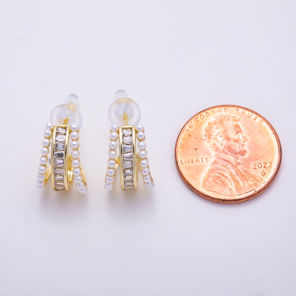 16K Gold Filled 16mm Baguette CZ & Shell Pearl Edged C-Hoop Earrings | Earrings-00985 - Earrings-00986