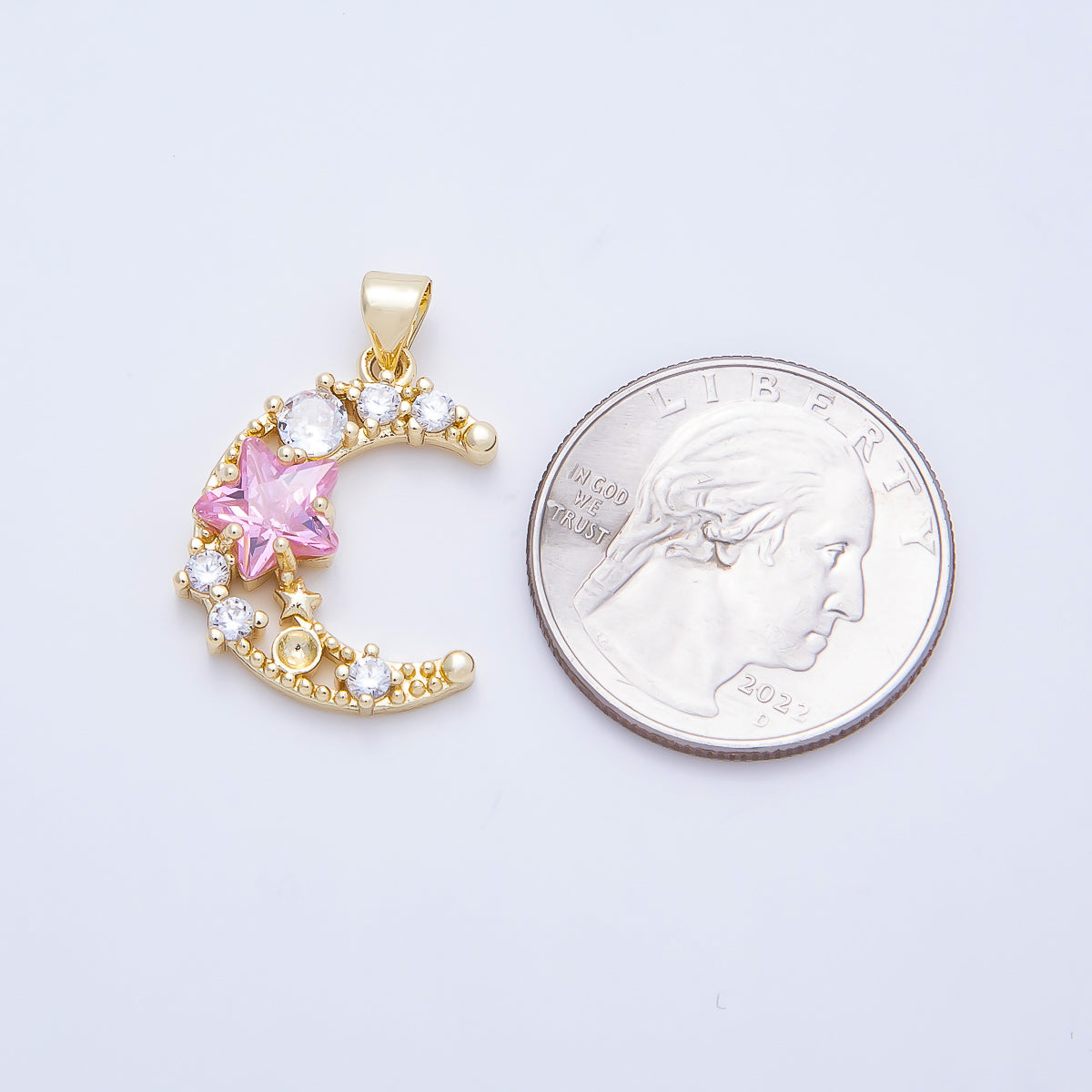 16K Gold Filled 22.5mm Pink Clear CZ Cluster Star Crescent Moon Pendant | Charms-01250