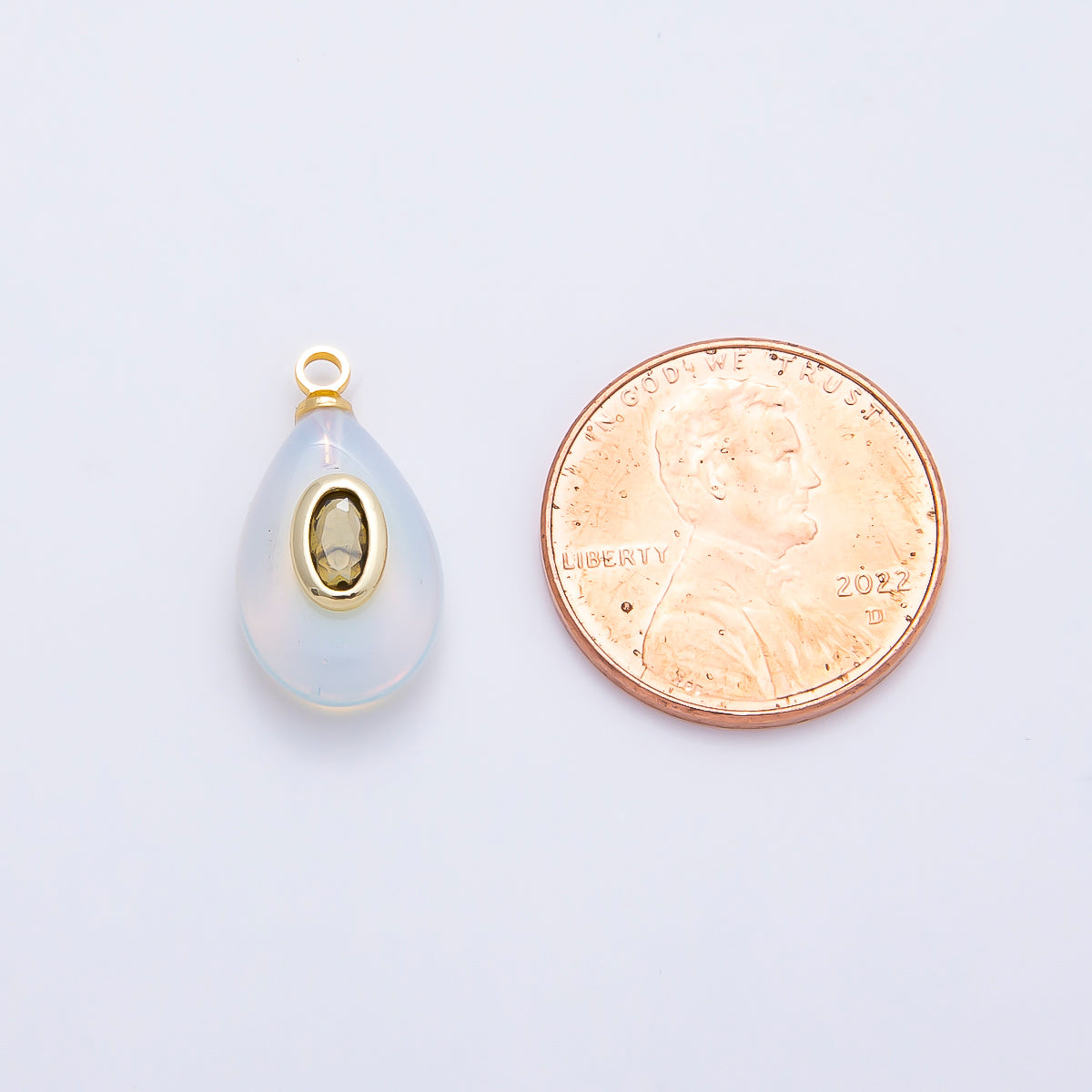 16K Gold Filled 18mm Green CZ Embedded White Opal Gemstone Teardrop Charm | Charms-01204
