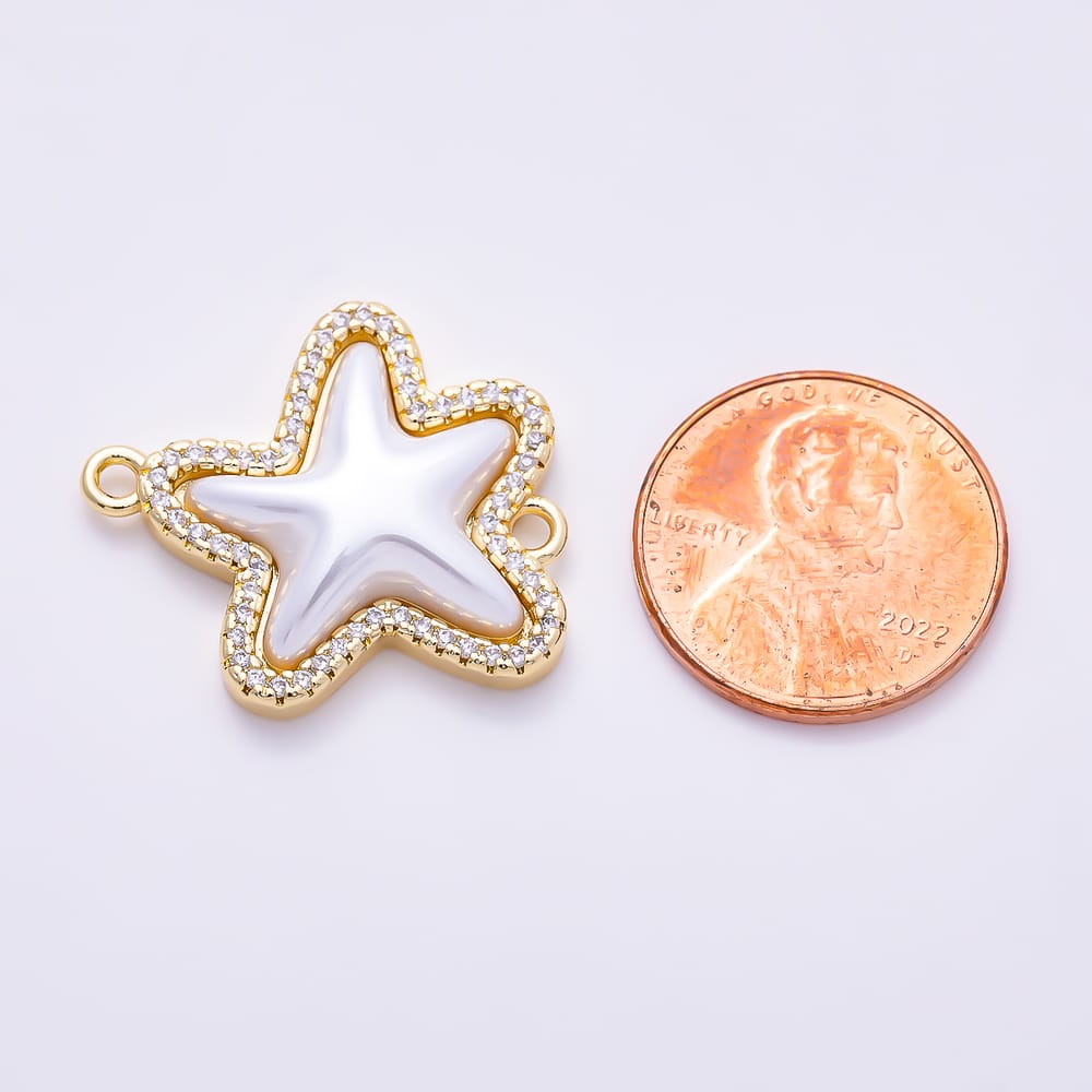 16K Gold Filled 25mm Mother of Pearl Starfish Micro Paved CZ Connector | Connectors-00048