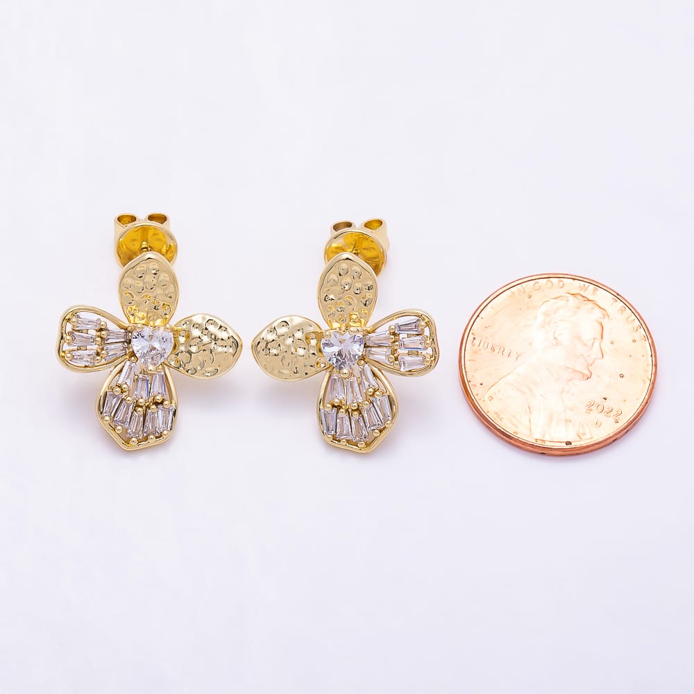 16K Gold Filled 19mm Heart & Baguette CZ Sandblasted Four-Petal Flower Stud Earrings in Gold & Silver | Earrings-00892 - Earrings-00893