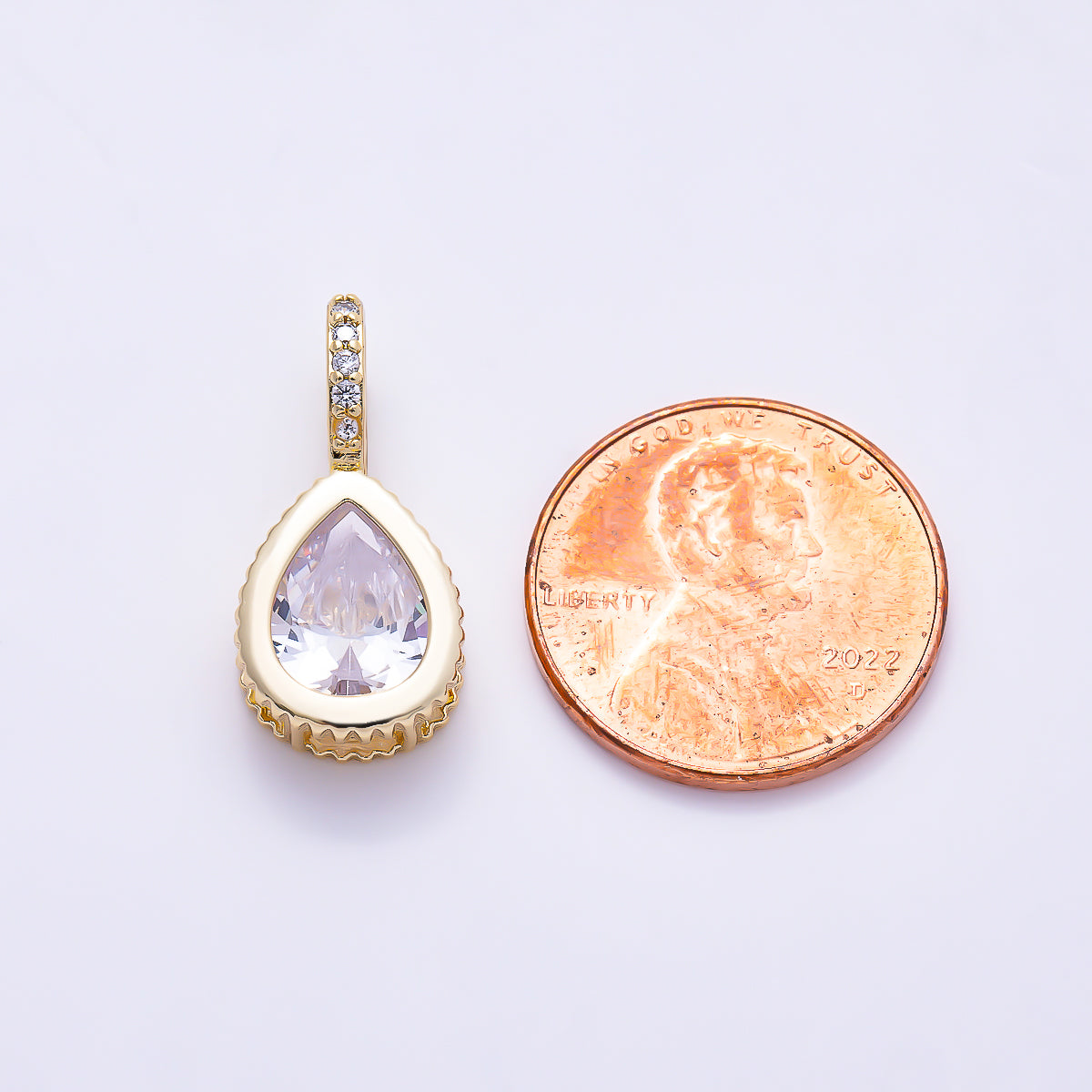 16K Gold Filled 21mm Pear Cut Clear CZ Bezel Pendant | Charms-02098