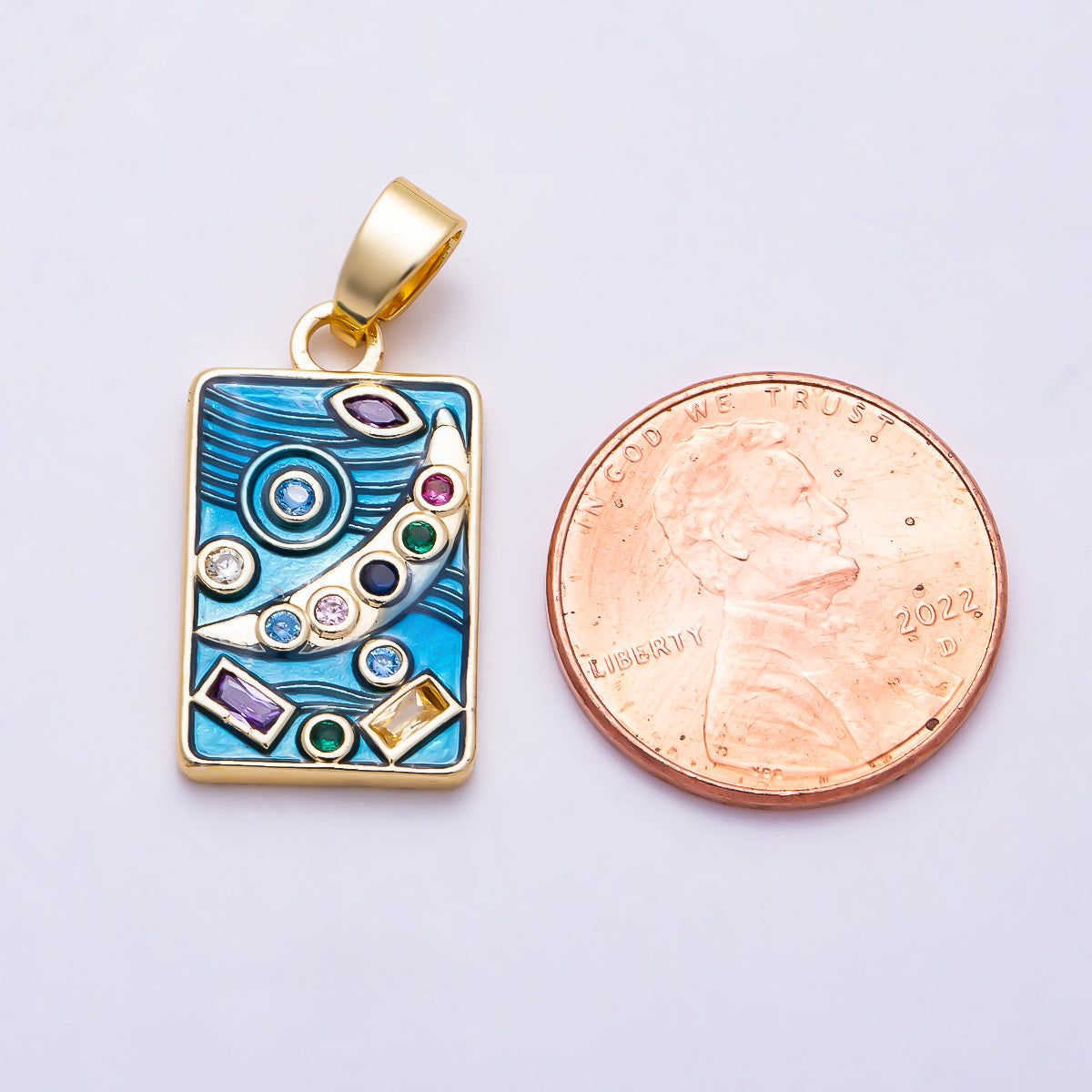 16K Gold Filled 21mm Multi Cut CZ Rectangular Tag Starry Night Celestial Enamel Pendant | Charms-01990
