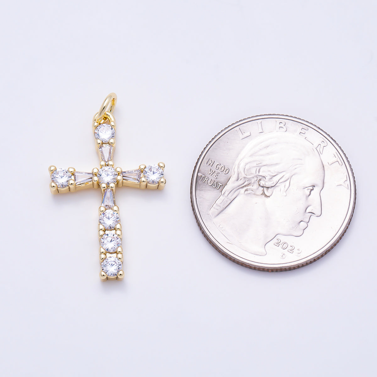 16K Gold Filled 26mm Round Baguette CZ Cross Religious Pendant in Gold | Charms-01786