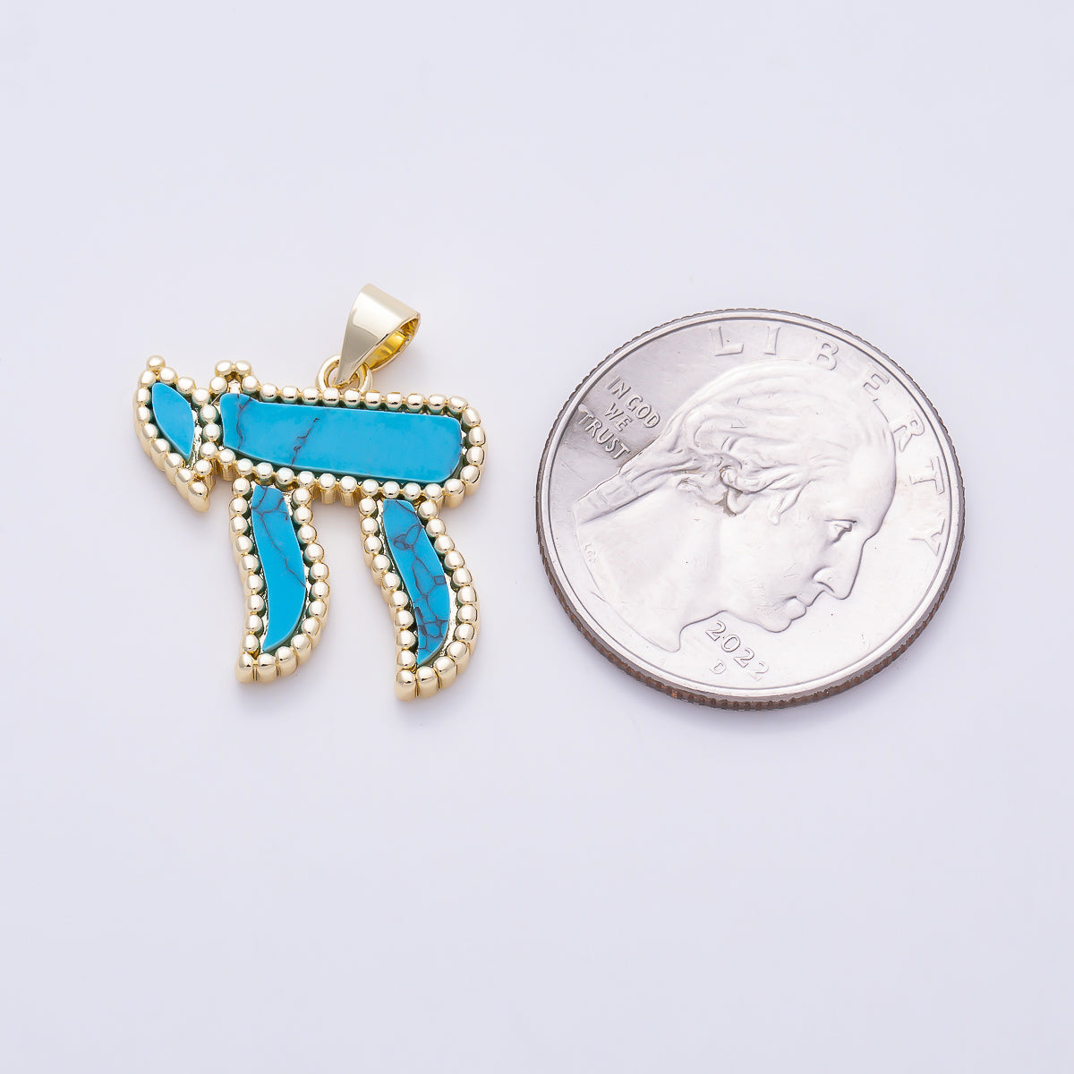 16K Gold Filled 33mm Turquoise, White Quartz Natural Gemstone Beaded Edge Chai Symbol Religious Pendant | Charms-01649 - Charms-01650