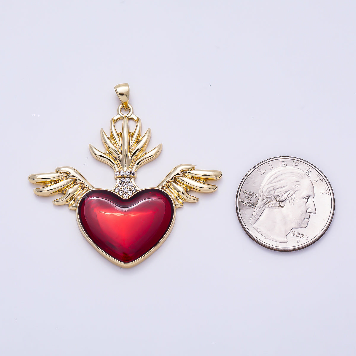 16K Gold Filled 42mm Micro Paved CZ Red Sacred Heart Wings Religious Pendant | Charms-01277