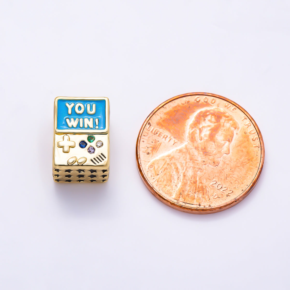 16K Gold Filled 11mm Colorful CZ Retro Game Console "YOU WIN!" Enamel Spacer Bead | Beads-00569