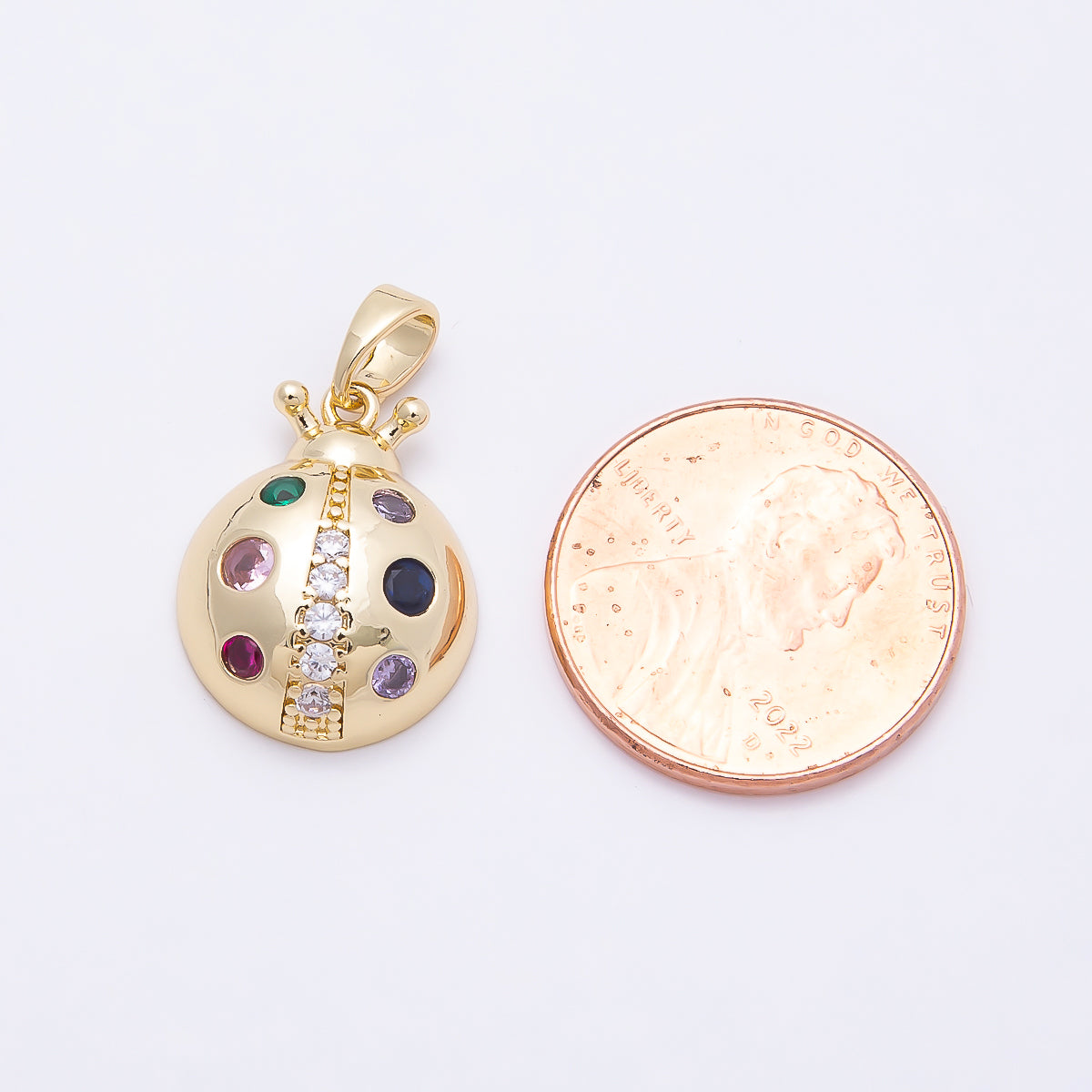 16K Gold Filled 17mm Multicolor CZ Dotted Lady Bug Insect Pendant | Charms-01040