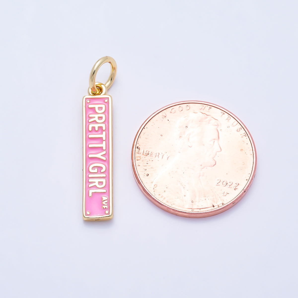 16K Gold Filled 22mm "Pretty Girl Ave" Pink Enamel Street Sign Charm | Charms-01505