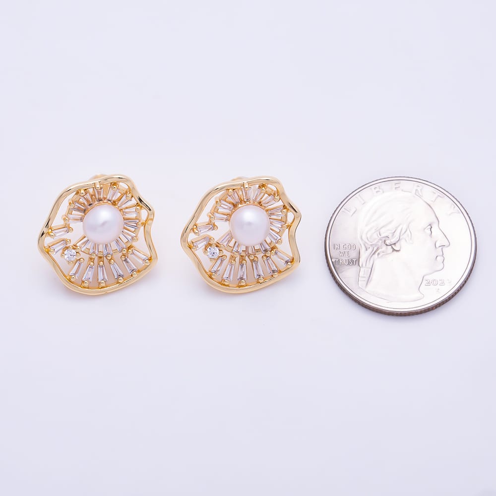 16K Gold Filled 20mm Shell Pearl Clear Baguette CZ Irregular Organic Flower Stud Earring | Findings-00585