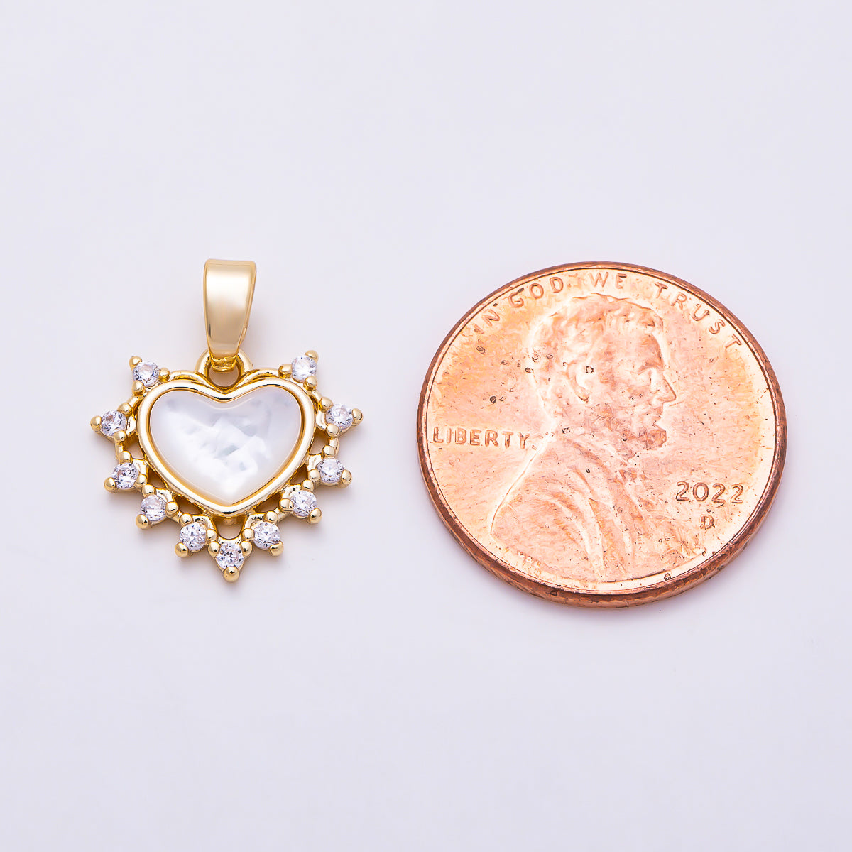 16K Gold Filled 14mm Mother of Pearl Heart CZ Sunburst Pendant | Charms-01683