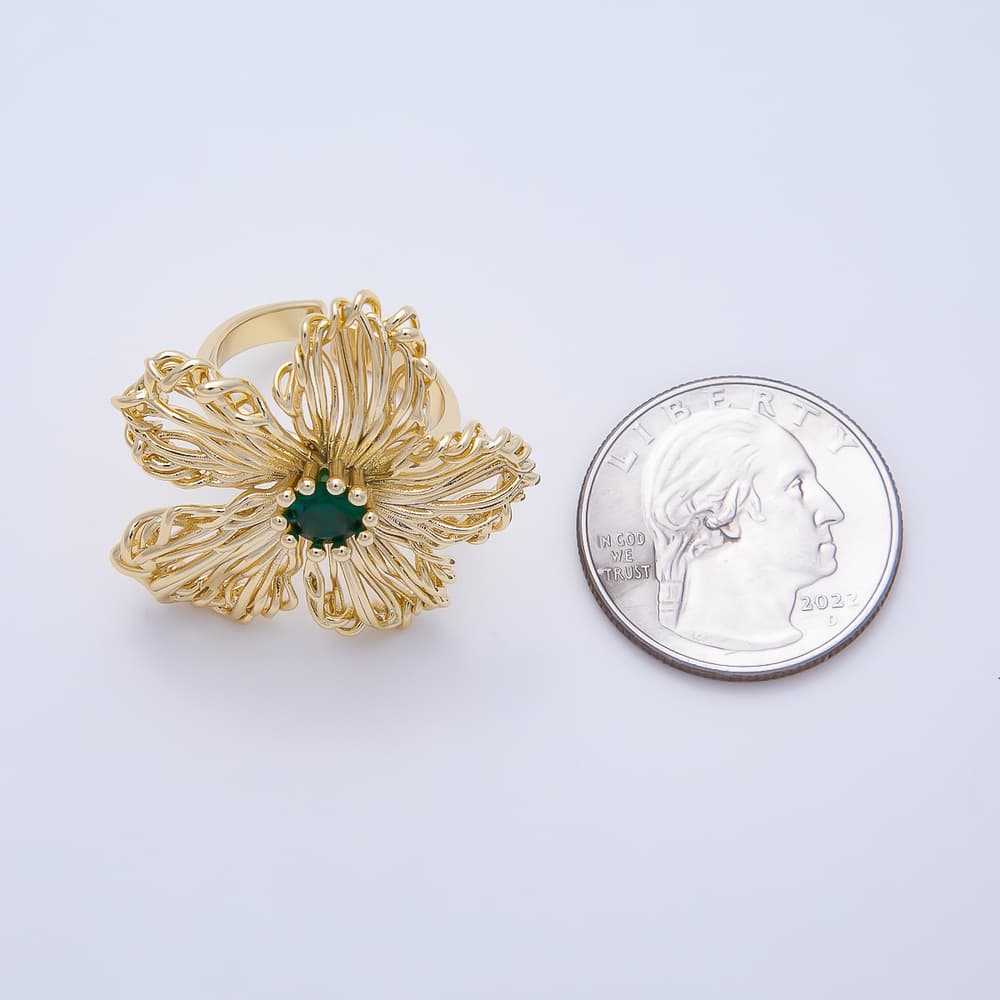 16K Gold Filled Green, Blue CZ Hollow Wire Filigree Flower Statement Adjustable Ring | Rings-00412 - Rings-00413