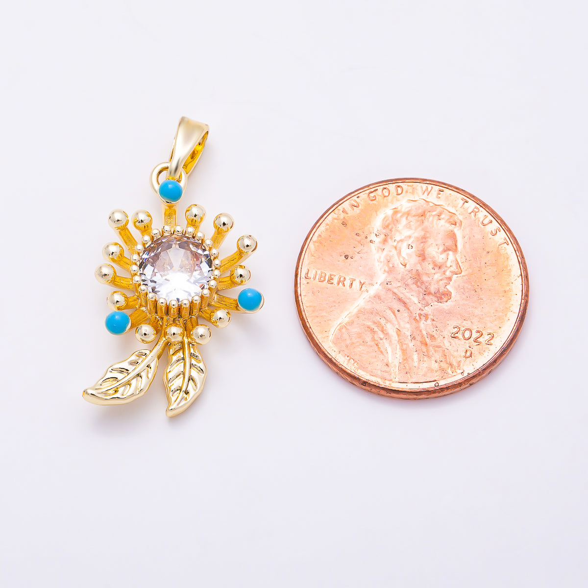16K Gold Filled 21mm Clear & Turquoise CZ Dandelion Flower Pendant | Charms-01893