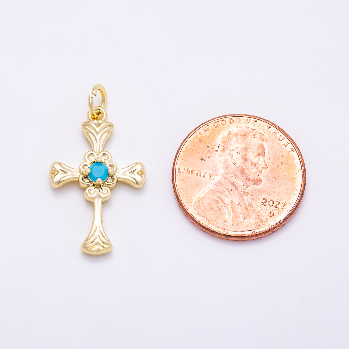 16K Gold Filled 22mm Turquoise CZ Vintage Filigree Cross Religious Charm in Gold & Silver | Charms-01865 - Charms-01866