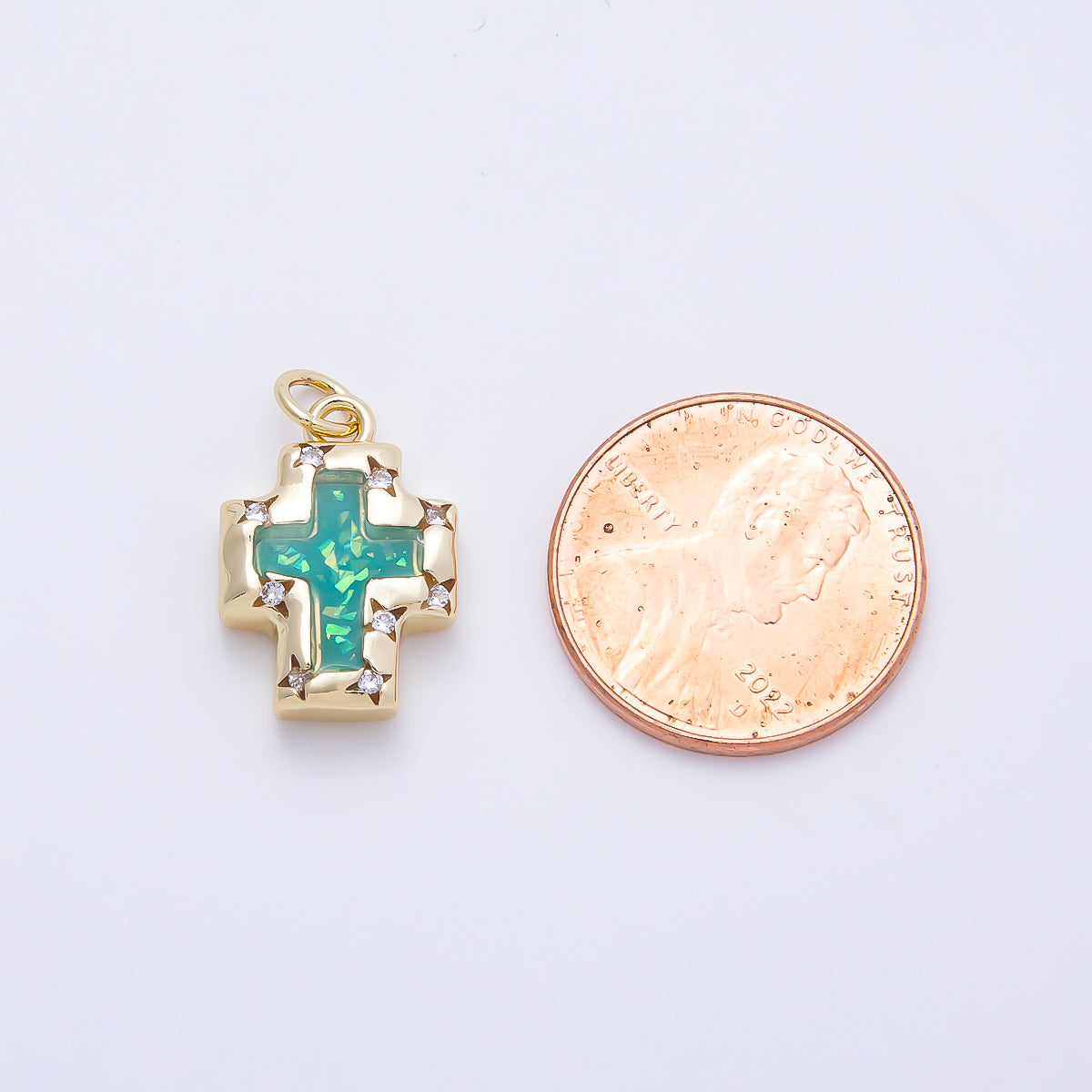 16K Gold Filled 17mm Teal Opal Clear CZ Star Dotted Bezel Religious Cross Charm | Charms-01247