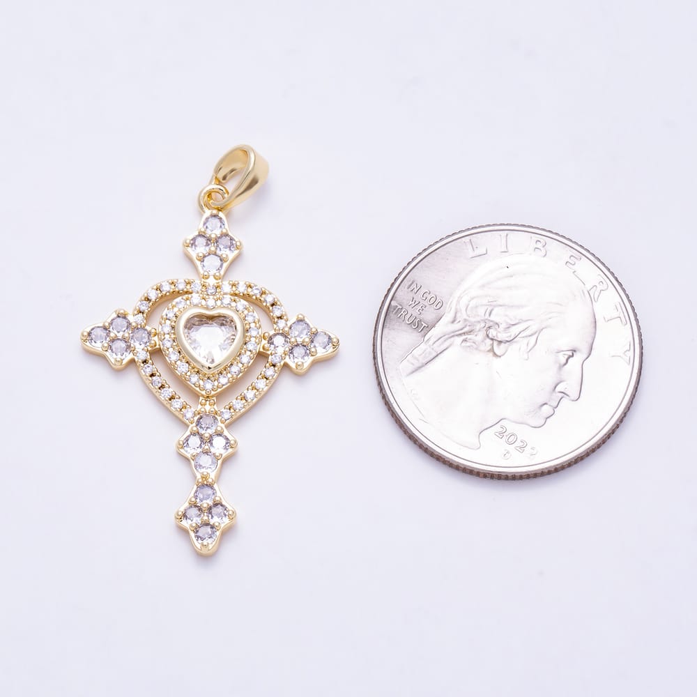 16K Gold Filled 35mm Micro Paved CZ Open Artisan Heart Cross Religious Pendant | Charms-02180