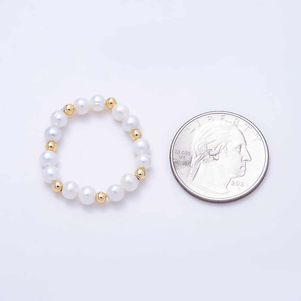 16K Gold Filled Natural Freshwater Round Pearl Beaded Stretch Ring | Rings-00420