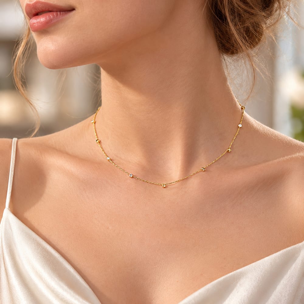 16K Gold Filled 1.5mm Clear CZ Curb Chain 16.5 Inch Choker Necklace | WA-04809